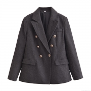 Women's Fashion Double Breasted Woolen Texture Blazer Jacket With Gold Lion Buttons Long Sleeve Padded Shoulder Lapel Suit For Office Streetwear