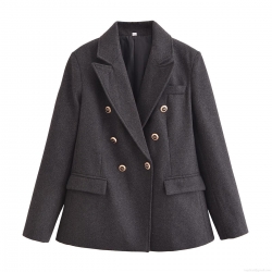 Women's Fashion Double Breasted Woolen Texture Blazer Jacket With Gold Lion Buttons Long Sleeve Padded Shoulder Lapel Suit For Office Streetwear