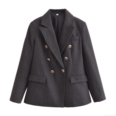 Women's Fashion Double Breasted Woolen Texture Blazer Jacket With Gold Lion Buttons Long Sleeve Padded Shoulder Lapel Suit For Office Streetwear