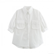 Women's Casual White Short Sleeve Button Down Shirt With Contrast Stitching Double Pockets Utility Work Blouse Streetwear Fashion Tops