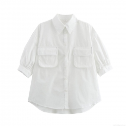 Women's Casual White Short Sleeve Button Down Shirt With Contrast Stitching Double Pockets Utility Work Blouse Streetwear Fashion Tops