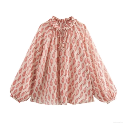 Women's Paisley Print Blouse With Metallic Thread Ruffled Tie Neck Long Lantern Sleeve Loose Casual Shirt Bohemian Vacation Tops