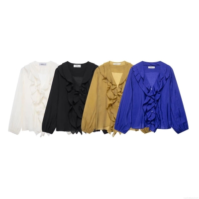 Women's V-Neck Ruffle Blouse Long Sleeve Polyester Shirt Casual Streetwear Layered Decorative Top For Women Fashion Solid Color Office Lady Clothing