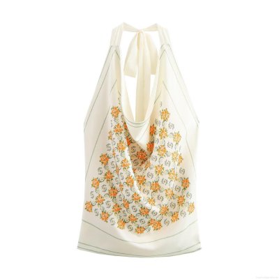 Women's Elegant Polyester Satin Floral Print Halter Neck Top Sleeveless Bow Tie Backless Scarf Hem Blouse for Summer Vacation Party