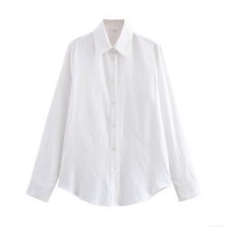 Women's Long Sleeve Polyester Blouse Shirt With Vertical Texture Solid Color Button Down Lapel Loose Fit Casual Office Top For Autumn
