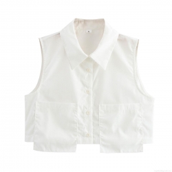 Women's White Sleeveless Blouse Lapel Short Top 100% Polyester Double Pocket Button Down Shirt For Summer Daily Streetwear Fashion