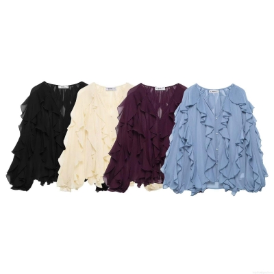 Women's Elegant V Neck Chiffon Blouse Multi-layer Ruffle Long Sleeve Button Down Shirt Casual Fashion Loose Office Lady Tops