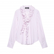 Women's Ruffle Trim Striped Blouse V Neck Long Sleeve Polyester Shirt For Daily Casual Streetwear Fashionable 2025 Spring Tops