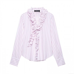 Women's Ruffle Trim Striped Blouse V Neck Long Sleeve Polyester Shirt For Daily Casual Streetwear Fashionable 2025 Spring Tops