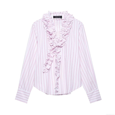 Women's Ruffle Trim Striped Blouse V Neck Long Sleeve Polyester Shirt For Daily Casual Streetwear Fashionable 2025 Spring Tops