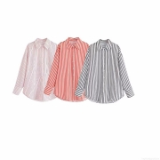 Women's Casual Loose Striped Long Sleeve Shirt Polyester Button Down Color Block Blouse Western Streetwear Style Mid-Length Tops for Women