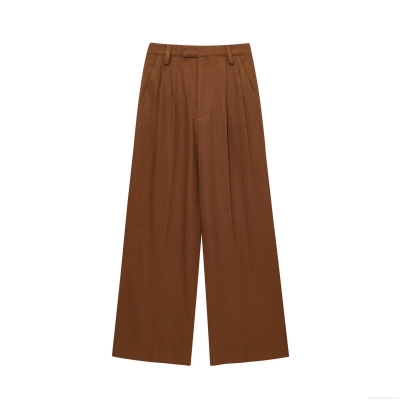 Women's High Waist Wide Leg Casual Pants Elegant Solid Color Pleated Straight Loose Trousers With Flap Pockets Office Streetwear Polyester Fashion