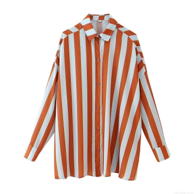 Women Striped Contrast Color Polyester Shirt Long Sleeve Turn-down Collar Blouse Summer Casual Street Style Button Up Top