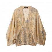Women's V-Neck Smocked Waist Floral Printed Blouse Long Raglan Sleeve Pleated Chiffon Top Casual Streetwear Spring Autumn Beige Khaki Shirt