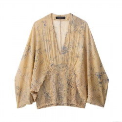 Women's V-Neck Smocked Waist Floral Printed Blouse Long Raglan Sleeve Pleated Chiffon Top Casual Streetwear Spring Autumn Beige Khaki Shirt