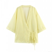 Women Casual Striped V Neck Bow Knot Blouse Polyester Short Sleeve Kimono Wrap Shirt Streetwear Tops
