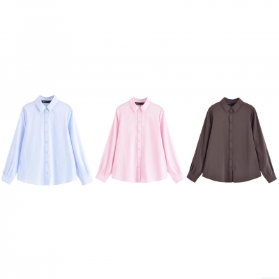Women Long Sleeve Button Down Shirt Polyester Solid Color Lapel Blouse For Office Daily Commuter Casual Street Style Ladies Autumn Top
