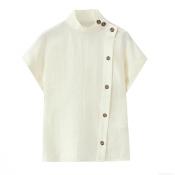 Women's Casual Cotton Linen Texture Short Sleeve Shirt Stand Collar Side Button Solid Color Western Streetwear Blouse Top