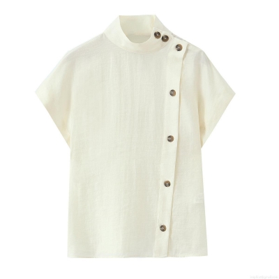 Women's Casual Cotton Linen Texture Short Sleeve Shirt Stand Collar Side Button Solid Color Western Streetwear Blouse Top