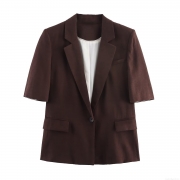 Women's Casual Short Sleeve Blazer Jacket Cotton Linen Blend Single Button Lapel Pocket Decoration Street Style Outerwear Coffee XS-L