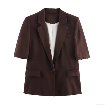 Women's Casual Short Sleeve Blazer Jacket Cotton Linen Blend Single Button Lapel Pocket Decoration Street Style Outerwear Coffee XS-L