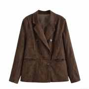 Women's Suede Textured Blazer Jacket Double Breasted Lapel Long Sleeve Solid Coffee Brown Suit Outerwear For Autumn Winter Casual Streetwear Office Lady