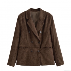 Women's Suede Textured Blazer Jacket Double Breasted Lapel Long Sleeve Solid Coffee Brown Suit Outerwear For Autumn Winter Casual Streetwear Office Lady