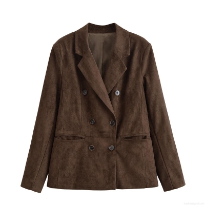 Women's Suede Textured Blazer Jacket Double Breasted Lapel Long Sleeve Solid Coffee Brown Suit Outerwear For Autumn Winter Casual Streetwear Office Lady