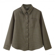 Women Plaid Long Sleeve Shirt Polyester Lapel Button Down Check Blouse With Pocket Loose Casual Daily Vintage Streetwear Fashion Top