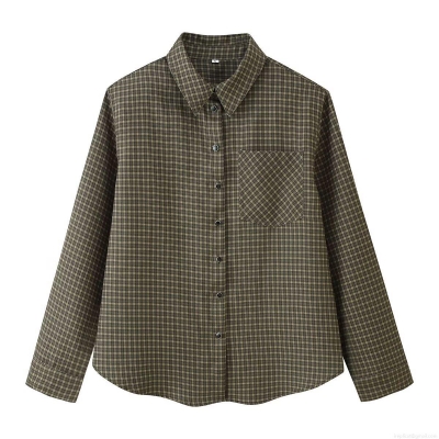Women Plaid Long Sleeve Shirt Polyester Lapel Button Down Check Blouse With Pocket Loose Casual Daily Vintage Streetwear Fashion Top
