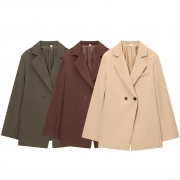 Women's Double Breasted Blazer Jacket Solid Color Oversized Suit Jacket Long Sleeve Notched Lapel Casual Outerwear for Women Khaki Green Coffee