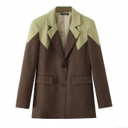 Women Color Block Blazer Notched Lapel Polyester Mid-Length Suit Jacket Long Sleeve Single Breasted Outwear Streetwear Party Jacket