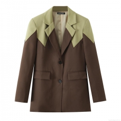 Women Color Block Blazer Notched Lapel Polyester Mid-Length Suit Jacket Long Sleeve Single Breasted Outwear Streetwear Party Jacket