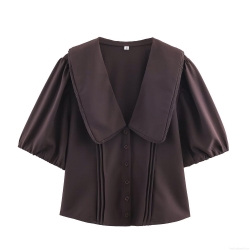 Women's Vintage Coffee Brown Puff Sleeve Shirt With Sailor Lace Collar Streetwear Casual Short Sleeve Polyester Blouse For Ladies