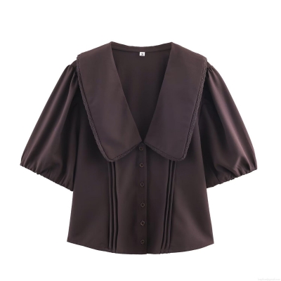Women's Vintage Coffee Brown Puff Sleeve Shirt With Sailor Lace Collar Streetwear Casual Short Sleeve Polyester Blouse For Ladies