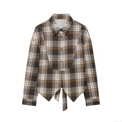 Women's Plaid Long Sleeve Blouse 100% Polyester Back Bow Tie College Style Fashion Sweet Turn-down Collar Short Shirt Top For Women Daily Dating School