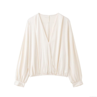 Elegant Women Satin V-Neck Wrap Blouse Long Lantern Sleeve Solid Color Office Lady Silk Texture Chic Top Off-White Polyester Shirt