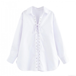 Women's Casual Long Sleeve Blouse Cotton Blend Lace-Up Drawstring Shirt Turn-Down Collar Loose Pullover Top Solid Color Daily Minimalist Summer Fashion Streetwear