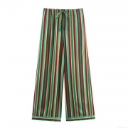 Women's Casual Wide Leg Pants Polyester Satin Vertical Stripe Drawstring Waist Loose Lightweight Trousers For Daily Streetwear Pyjama Style