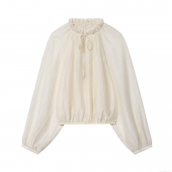 Women Sweet Ruffle Stand Collar Pleated Blouse Off-White Lantern Sleeve Tie Neck Loose Tencel Top Casual Long Sleeve Blouse For Women
