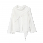 Elegant White Long Sleeve Lurex Cotton Blouse For Women Cape Collar Layered Design Minimalist Commute Style Office Shirt Top
