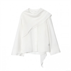 Elegant White Long Sleeve Lurex Cotton Blouse For Women Cape Collar Layered Design Minimalist Commute Style Office Shirt Top