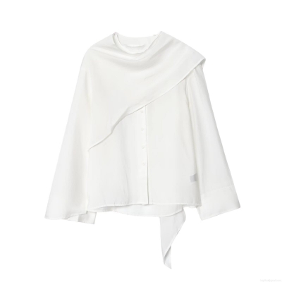 Elegant White Long Sleeve Lurex Cotton Blouse For Women Cape Collar Layered Design Minimalist Commute Style Office Shirt Top
