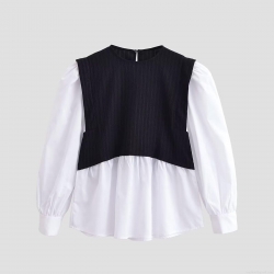 Elegant Women's Contrast Color Patchwork Fake Two-Piece Blouse 100% Polyester Round Neck Long Lantern Sleeve Pleated Top for Daily Office Wear