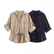 Women's Short Sleeve Cotton Blend Poplin Blouse Safari Style Drawstring Waist Turn-down Collar Flap Pockets Casual Button Down Workwear Shirt Top