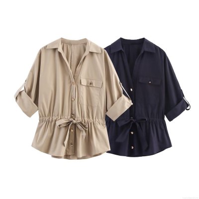Women's Short Sleeve Cotton Blend Poplin Blouse Safari Style Drawstring Waist Turn-down Collar Flap Pockets Casual Button Down Workwear Shirt Top