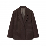Women's Pinstripe Blazer Jacket Loose Fit Double Breasted Long Sleeve Notch Lapel Outerwear Coat Office Work Casual Autumn Fashion