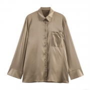 Women's Satin Silk Texture Button Down Shirt Casual Loose Long Sleeve Blouse With Chest Pocket Elegant Camel Champagne Gold Top For Office Work Daily Wear