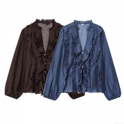 Women's Ruffle V Neck Blouse Polyester Spandex Tencel Fabric Casual Loose Long Lantern Sleeve Shirt For Daily Dating Commuting Autumn Fashion Elegant Solid Polka Dot Tops