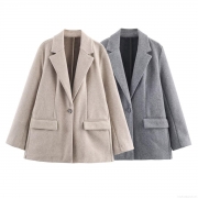 Women's Elegant Loose Soft Woolen Blazer Coat Notched Lapel Single Button Commute Office Fashion Outerwear Chic Autumn Spring Polyester Blend Jacket for Women